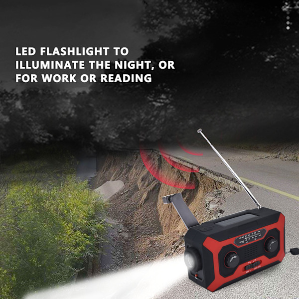 Handvevad Nödradio AM/FM Växling Batteriindikator Ficklampa Solcellsladdare för Utomhuscamping Röd EU-version