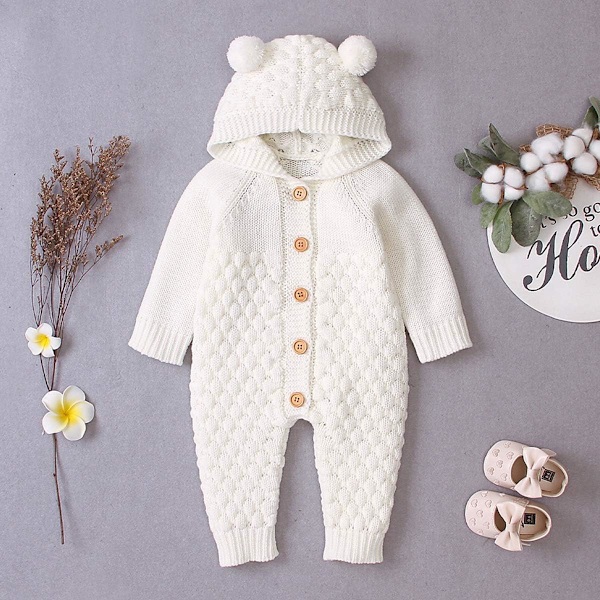 Baby Strikket Heldragt Forår Efterår Nyfødt Tøj, Nyfødt Pige Hættetrøje Romper Jumpsuit Heldragt