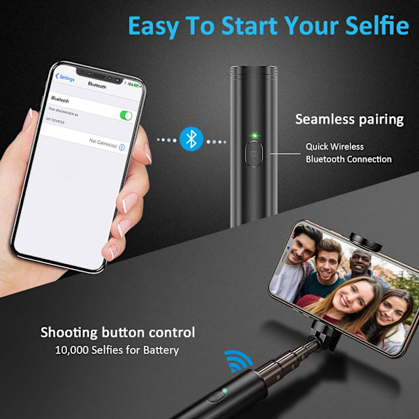 Selfie Stick-stativ, allt-i-ett utdragbar Bluetooth Selfie Stick med trådlös fjärravtryckare för iPhone Xs/Xs Max/XR/X/8, Galaxy S10/9/8/Note,
