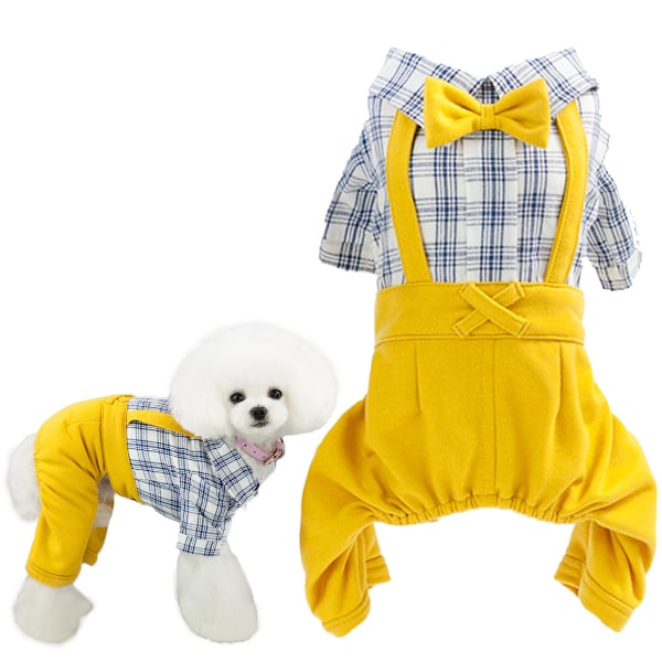 Klesplagg for kjæledyr, stripete overall-jumpsuit med gul sløyfe, avslappet hverdagsantrekk for valp og katt (gul)