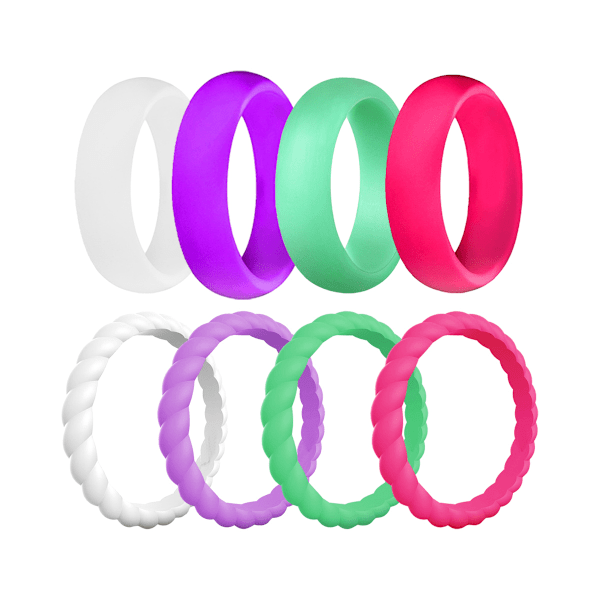 8 Pak Silicone Bryllupsring til Kvinder, Tynd og Flettet Gummi, Mode, Farverig, Behagelig Pasform, Hudvenlig