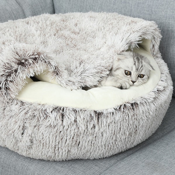 Rolige Hundesenge & Kattehule med Hætte, til Små Dyr, Anti-Skridsikker Kunstpels Blød Seng, Ydre Diameter 40cm