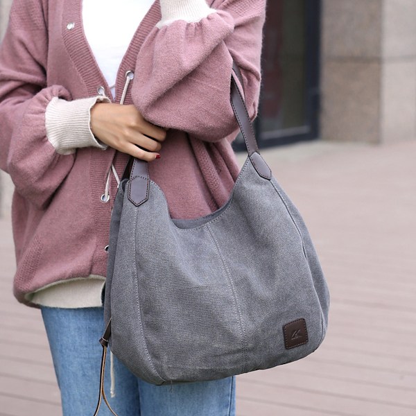 Dames Multi-lomme Skuldertaske Mode Bomulds Canvas Håndtaske Tote Pung