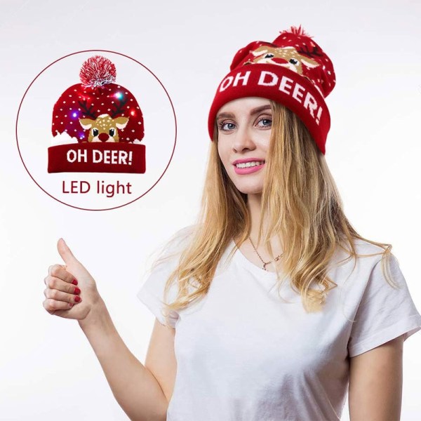 Jule-Strikket LED Pom Beanie Hat Grim Trøje Ferie Jul