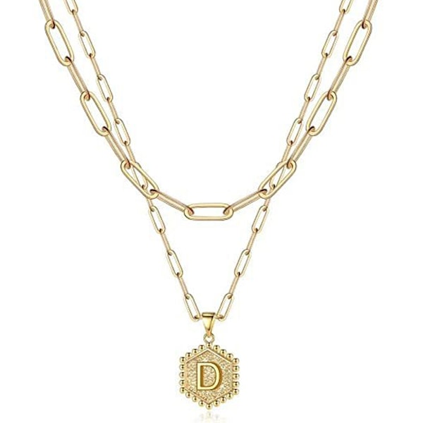 Dobbeltlags kragekjede for kvinner med bokstavanheng, gull geometrisk choker