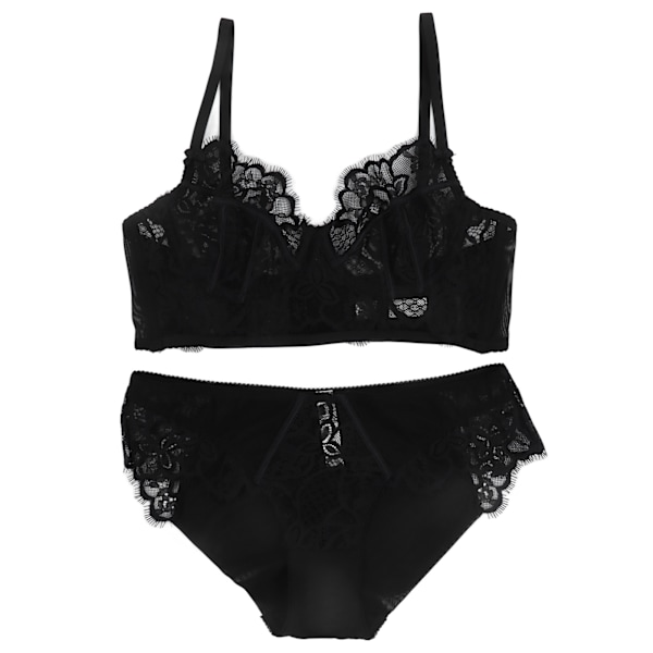 Spetsbh-set Underkläder Blommig Justerbar Rem V-ringad Transparent Bh Trosset för Kvinnor Svart 80C
