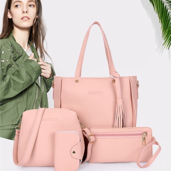 Axelväska, 4 delar, Handväska Set, PU-läder, Rosa, Pink pink