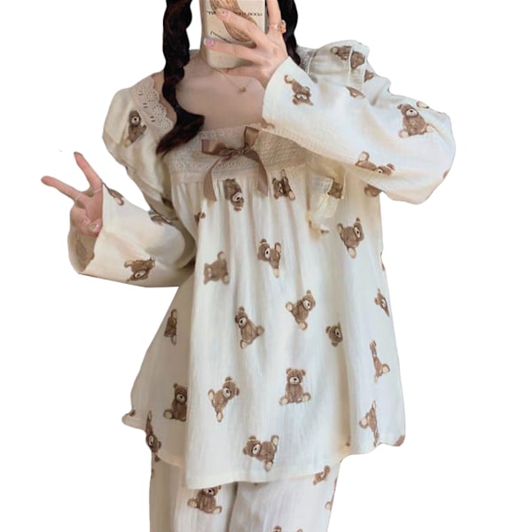 Dam Pyjamas Set med Långärmad Sömnkläder Söt Björndesign Höstpyjamas Set Loungewear Set för Hem Semester och Casual Wear Långärmad Björndräkt 2XL