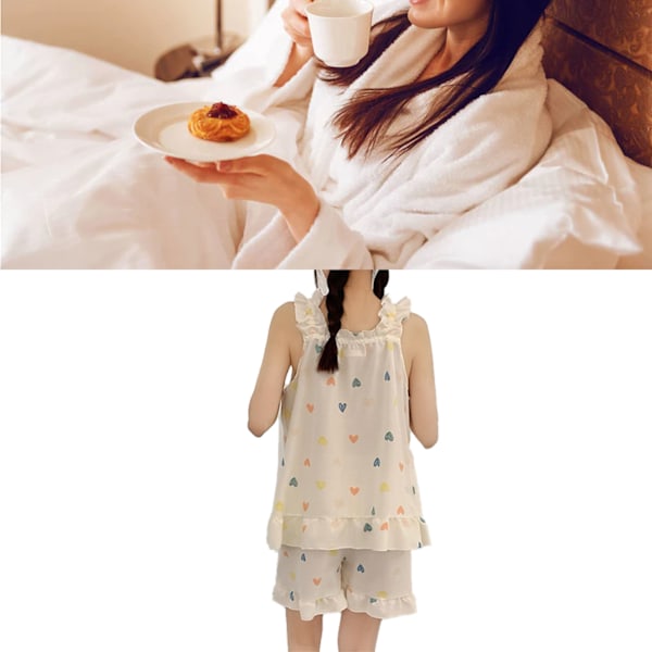 Dam Pyjamas Set Ärmlös Tank Top Casual Shorts Mjölksiden Mjuk Hudvänlig 2-Delar Sommarsovkläder Hjärtmönster L