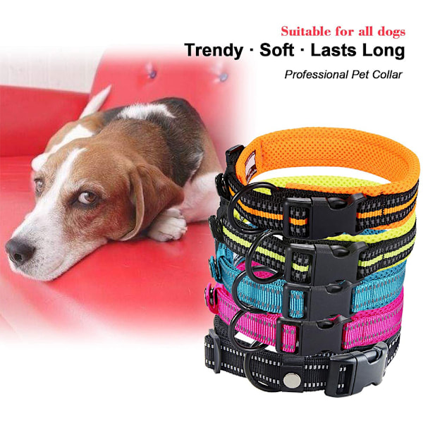 Mellanstort och stort hundhalsband 3M reflekterande mesh vadderat hundhalsband justerbart nylon utomhus äventyr husdjurshalsband