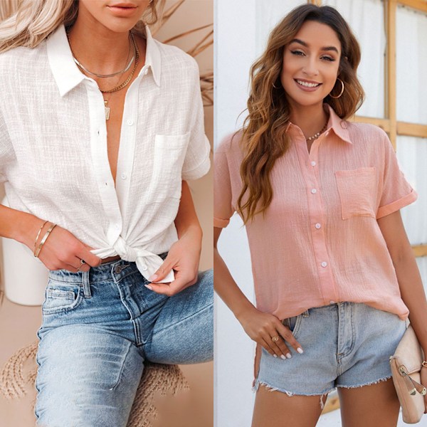 2 stk Bluser for Kvinner Casual V-Hals Ensfarget Bomulls Skjorter Sommer Korte Ermer Topper
