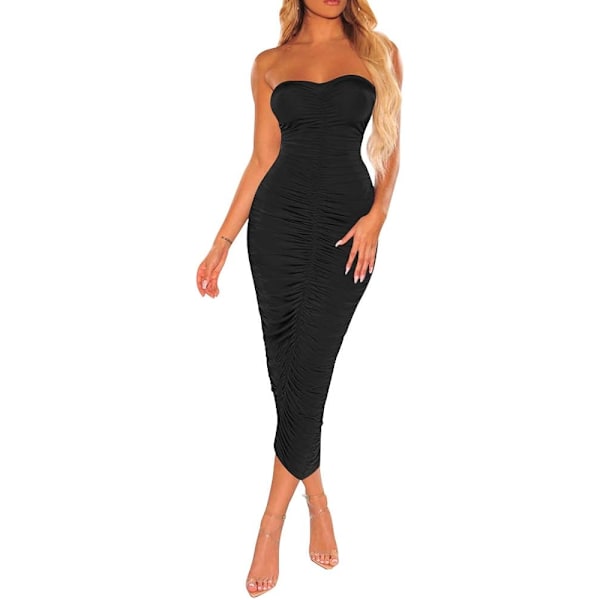 Sexy Rynket Stroppeløs Bodycon Tube Maxi Lang Kveldskjole for Kvinner