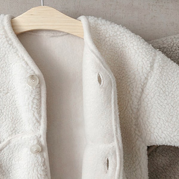 Flickors varm fleecejacka med knappar, konstpäls, tjock ytterkläder med fickor (Off white)