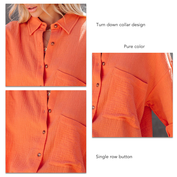 Kvinnors Knapp-Ner Långärmad Skjorta Mode Casual Lös Nedåtvänd Krage Ren Färg Dam V-Hals Långärmad Blus Orange S