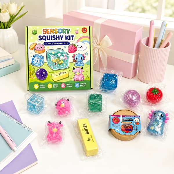 8-delt Squishy Sensorisk Sæt, Søde Dyr Mad Glitter og Terning Stressaflastende Legetøj, Blød Klemme Fidget Gaveæske