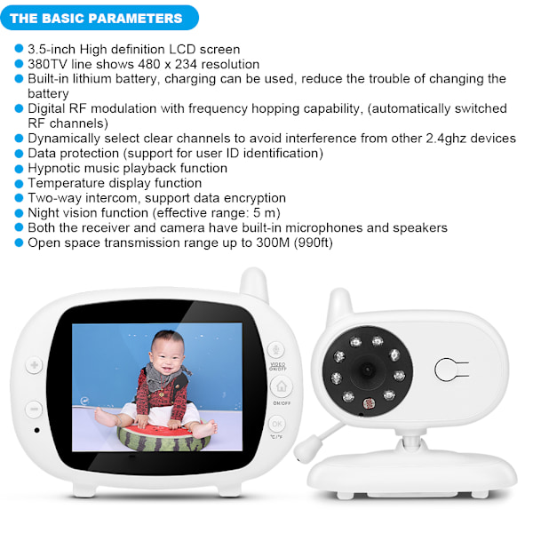 3,5 tommer Trådløs Babymonitor Sikkerhedskamera Nattesyn To-vejs Intercom med Temperaturmåling 110‑240VEU Stik Babymonitor