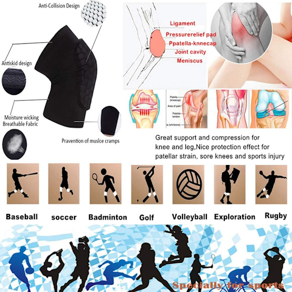 Knäskyddspar, Knäskydd, Stötsäkra, Halksäkra, Basketbollbenskydd, Skyddande Pad, Stöd, Vadderad, Andningsbar, Kompressionskläder, Hexpad - 2