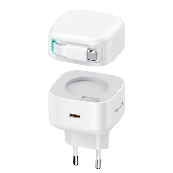 iPhone 16, 15, snabbladdare, PD35W, Dual Port, GaN, retractable, Vit