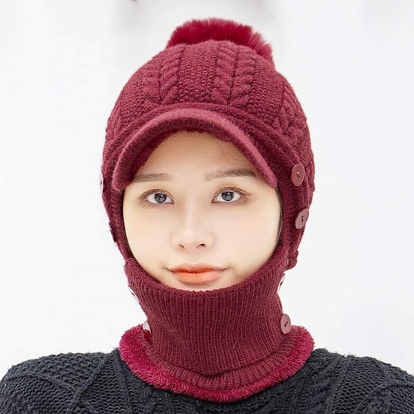 Vinterlue for kvinner, endelte fleecefôret strikkede balaklavaer maske sett skalle nakke sirkel skjerf ski snø lue med pompom