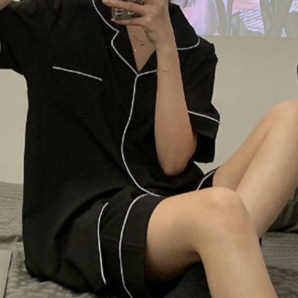Dam Pyjamas Set Tvådelad Nattkläder Knappar Kortärmad Lounge Nattkläder för Sommar Svart L