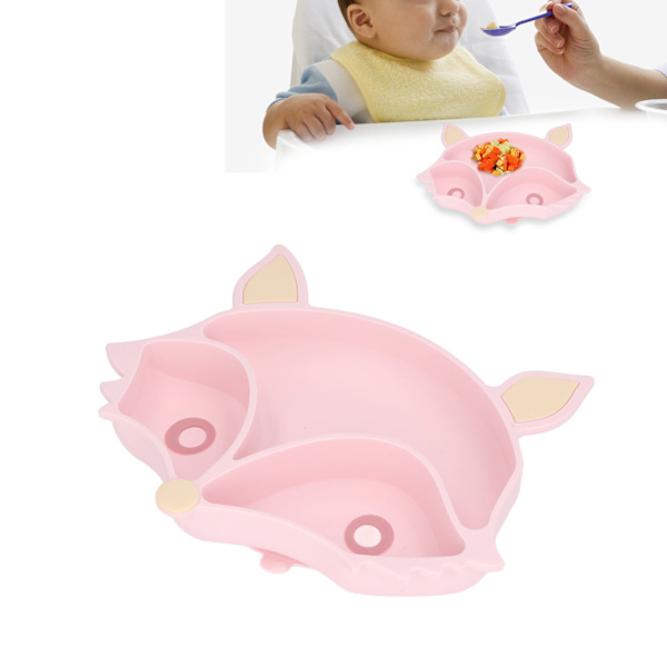 Baby Sugestionsplade Sød Ræv Form Giftfri Sikker 3 Delere Skridsikker Blød Silikon Spædbarn Baby Sugestionsplade Pink