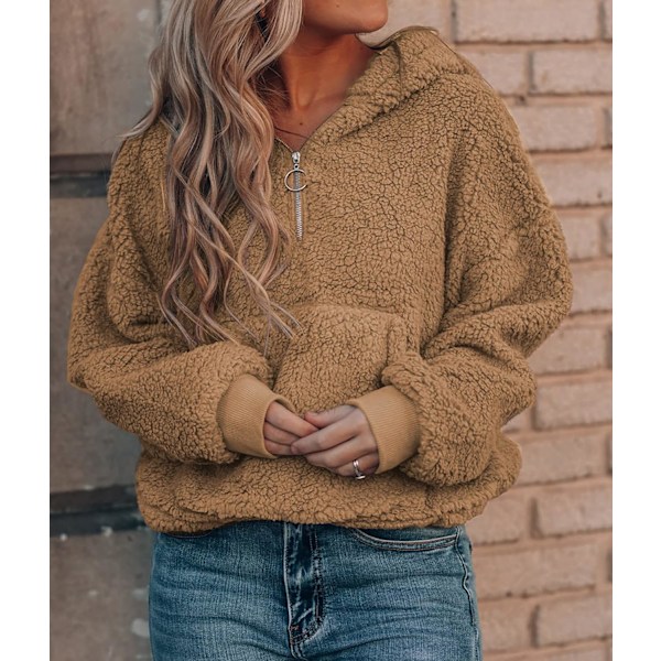 Naisten pitkähihainen Sherpa-fleece-huppari, rento vetoketjullinen pörröinen takki, pusero, crop top, huppari taskuilla