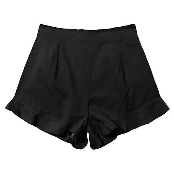 Damshorts med Volangkant, Hög Midja, Casual, Lösa, Enfärgade, Vida Ben, Trendiga Shorts för Sommar, Hem, Utomhus, Resa, Svart, XS
