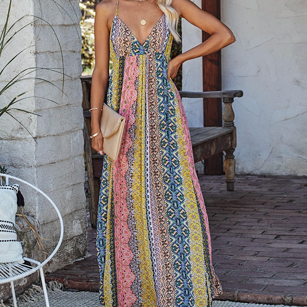 Sommarmaxi-klänning för kvinnor, boho-stil, fest, lång, semester, V-ringning, spaghettiband, bohemiskt tryck, blommig, strandklänning