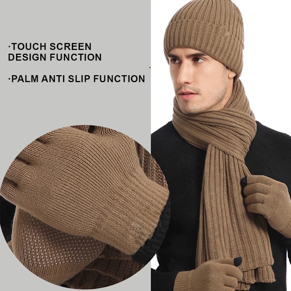 Vinterstrikket varm lue, skjerf og hansker for kvinner - Beanie + langt skjerf + berøringsskjermhansker - Hodeskalleluer, hals skjerf for kvinner og menn