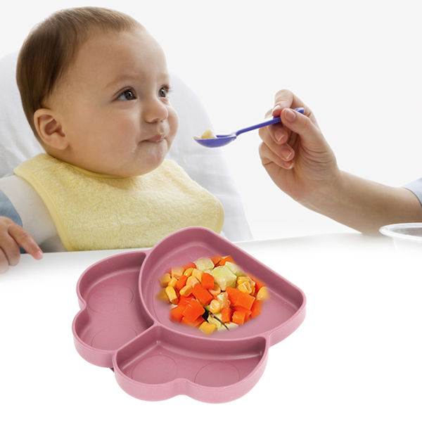 Baby Tallrik Halksäker Diskmaskin & Mikrovågsugnssäker Delad Bärbar Silikon Tallrik för Småbarn 6-24 Månader Rosa