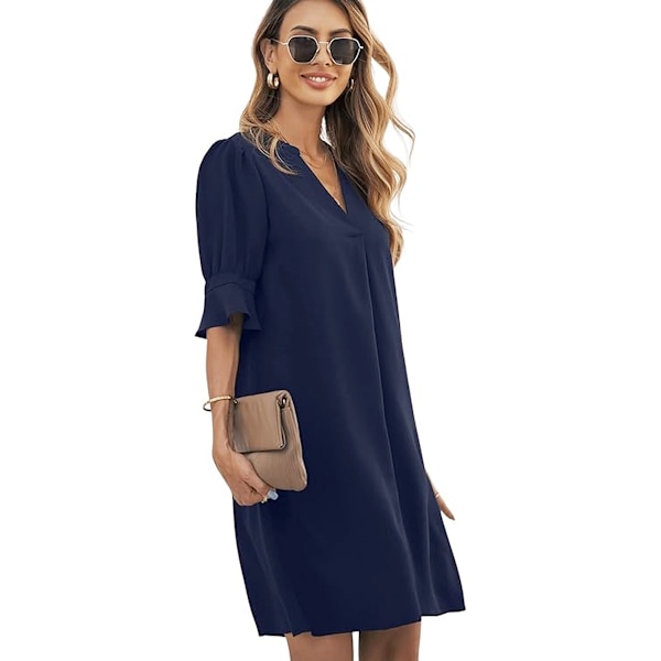 Sommerkjole for kvinner V-hals Ruffled Korte Ermer Casual Shift Dress