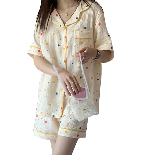 Kortärmade Pyjamas med Nedvikt Krage och Knappar, Lös Passform, Mjukt och Andningsbart, Damsovkläder Set för Sommar, Färgglada Prickar, XL