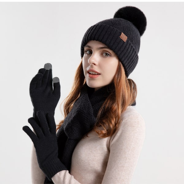 Solid Hatt, Skjerf og Hanske Tredelt Sett - Hanske- og Skjerfsett for Menn, Skjerf-Hanske-Sett for Kvinner
