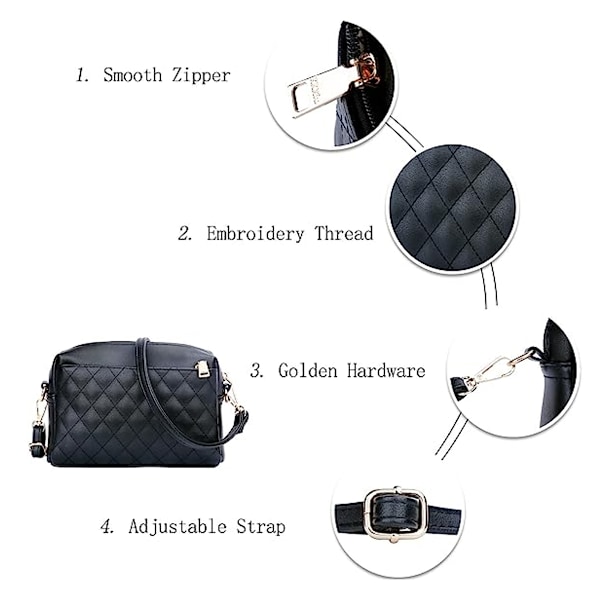 Lättvikts Crossbody-väska för kvinnor med tre blixtlås, quiltad axelväska och handväska