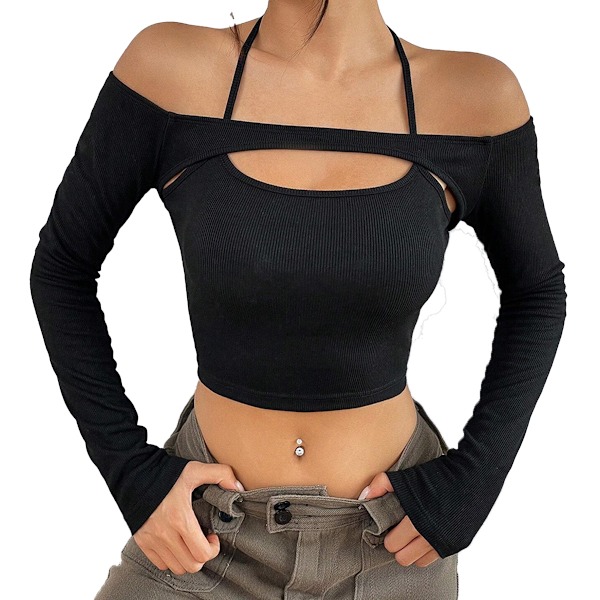 Kvinners utsnitt lang ermet off shoulder halter avling T-skjorte topp ribbet strikket topp spaghetti halter off the shoulder skjorte