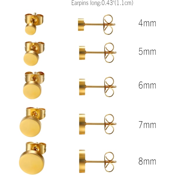 Smykker 5 Par Stud Sæt, Rustfrit Stål Flade Runde Polerede Øreringe Øresmykker til Kvinder & Mænd, Sølv / Guld / Sort
