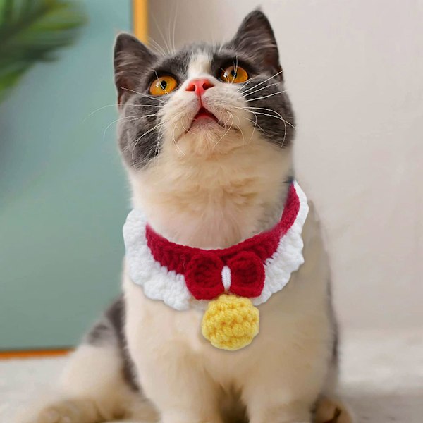 Stickad kattkrage med rosett, husdjursscarf salivhandduk kostym söt