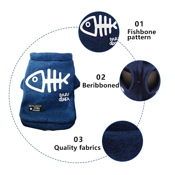 Hundekåpe for små og mellomstore hunder eller katter, Petjakke for valper, Hundekåpe for kaldt vær Veste for vinter (Blå)