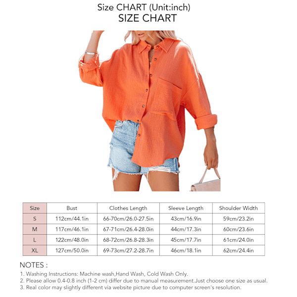Kvinnors Knapp-Ner Långärmad Skjorta Mode Casual Lös Nedåtvänd Krage Ren Färg Dam V-Hals Långärmad Blus Orange L