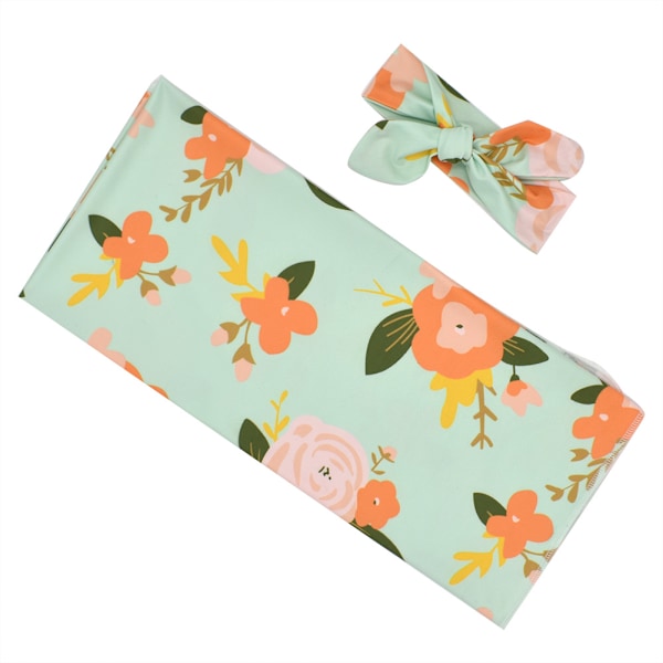 Supermjukt spädbarnsfilt med blommönster, svepfilt, sovsäck med hårband (#3)