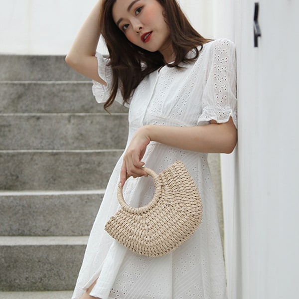 Halvmåne Halm Väska, Handvävd Kvinna Sommar Retro Strand Tote Axelväska Crossbody Resa Strandväska