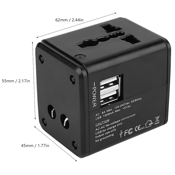 Multi-function Double USB International Travelling Power Plug Adapter AC 110~250V 6A (Black)