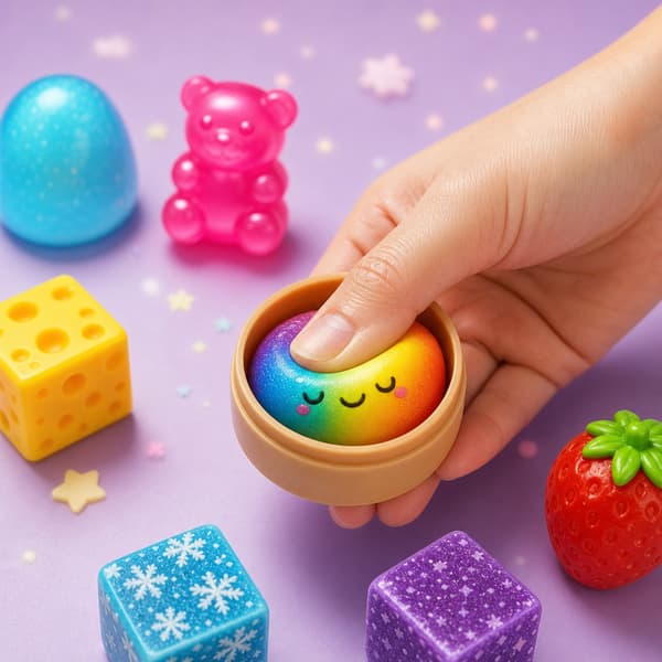8-delt regnbue-squishy overraskelsesæske, bjørn, slik, ost, jordbær, smør og glitterterning sensorisk legetøj