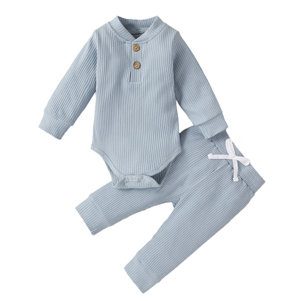 Nyfødt Baby Ribbet Strikket Bomuld Langærmet Romper Lange Bukser Ensfarvet Outfit (blå)