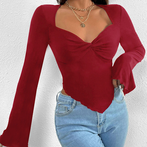 Dame Langærmet Crop Top Tee Firkantet Hals T-shirt Solid Asymmetrisk Bluse Strikket Ribbet Crop Top