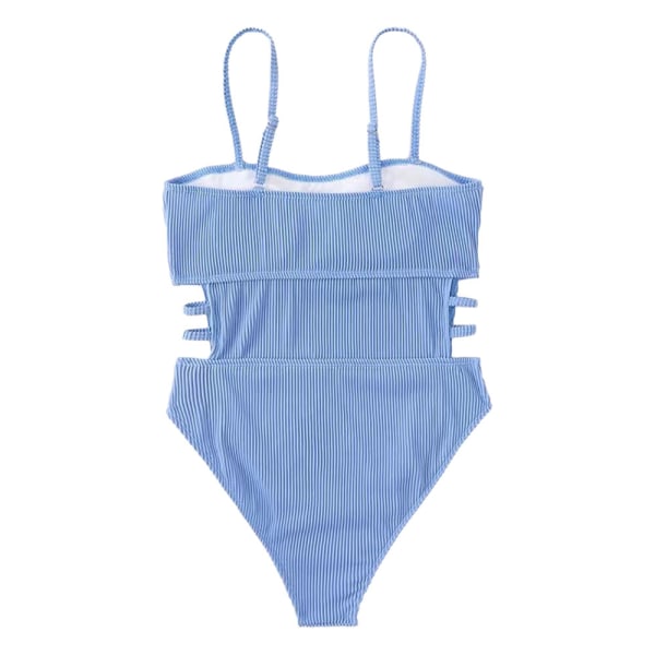 A women's blue sexy one-piece double shoulder swimsuit side