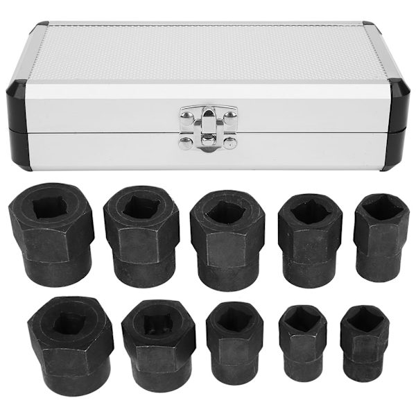10 stk Mutternedtrekkssett for ødelagte 9‑19mm muttere Ekstraktor Aluminium Boks