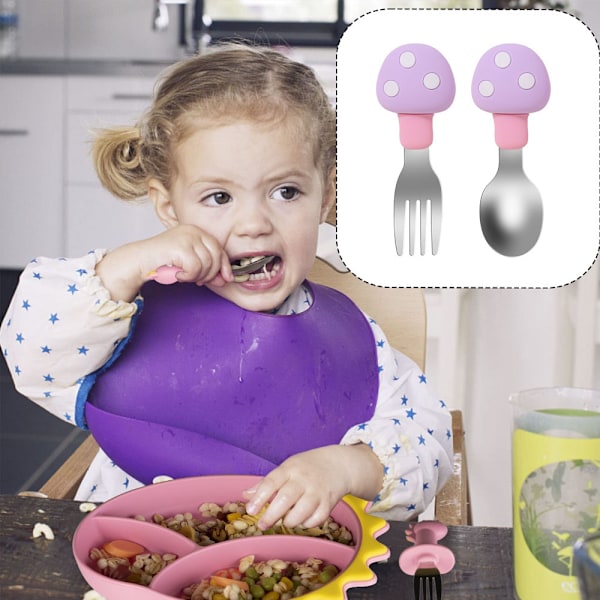 Tvåfärgad Svamp Silikon Baby Bestick Gaffel Sked - Kompletterande Mat barnsked Bestick