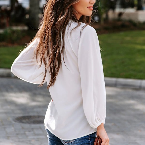 Dam Blus med Lång Ärm Djupt V-Hals Åtsittande Manschetter Enfärgad Lös Passform Casual Pullover Skjorta Vit M