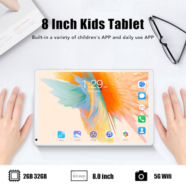 8 Tums Barnplatta 2G RAM 32G ROM 5G WIFI Dubbelbands Samtalsplatta PC för Android 10 EU-kontakt 100‑240V Vit EU-kontakt